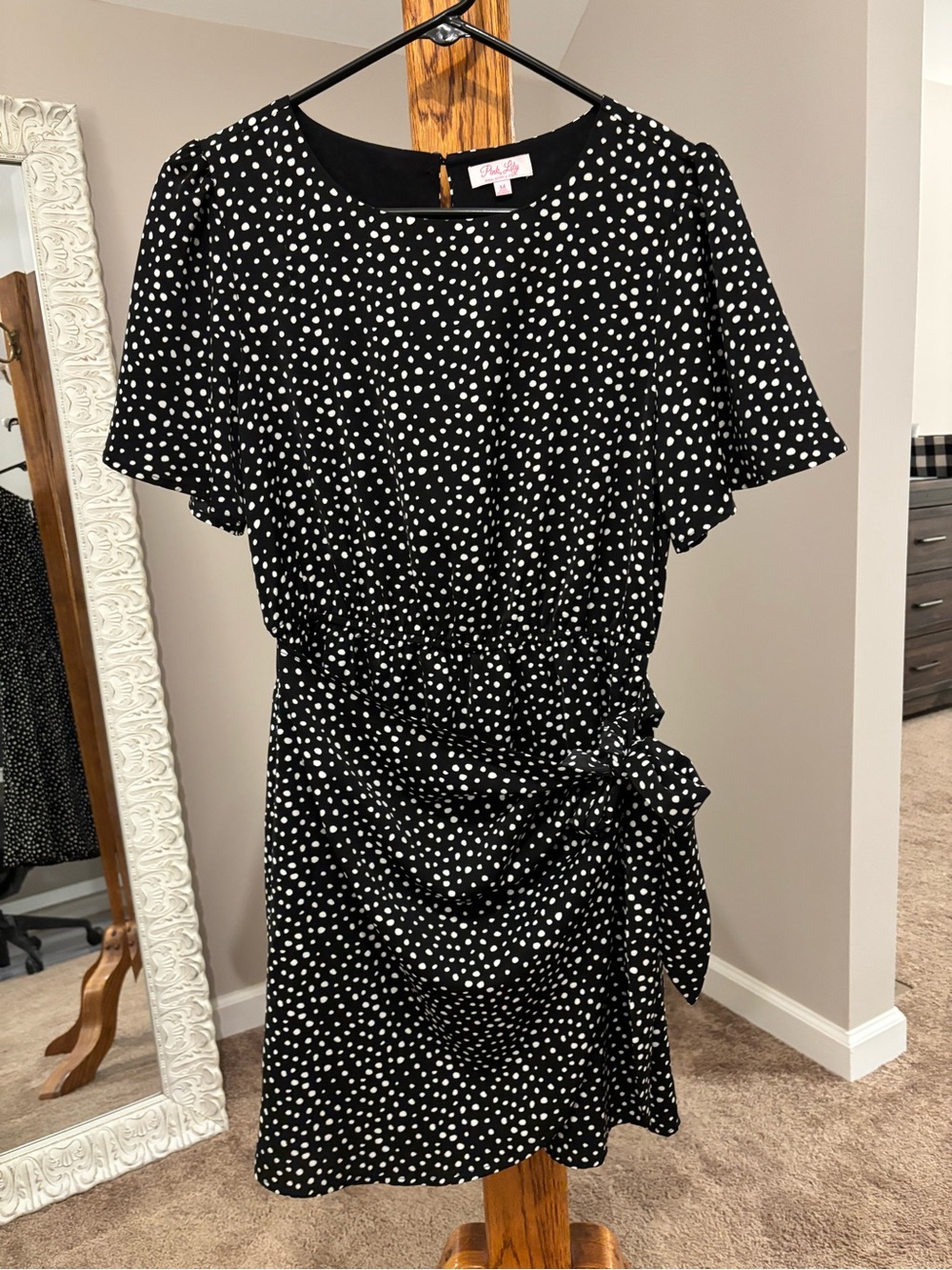 Pink Lily Black Polka Dot Tie-Waist Short Sleeve Dress